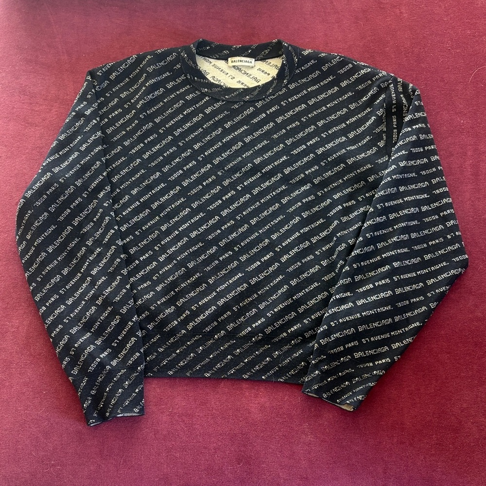 Balenciaga Navy Crewneck with All-Over White Logo Print